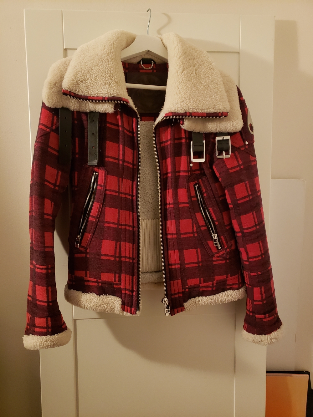 Red Plaid Sherpa-Lined Bomber Jacket